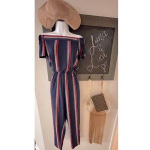 Navy, striped off shoulder jumpsuit